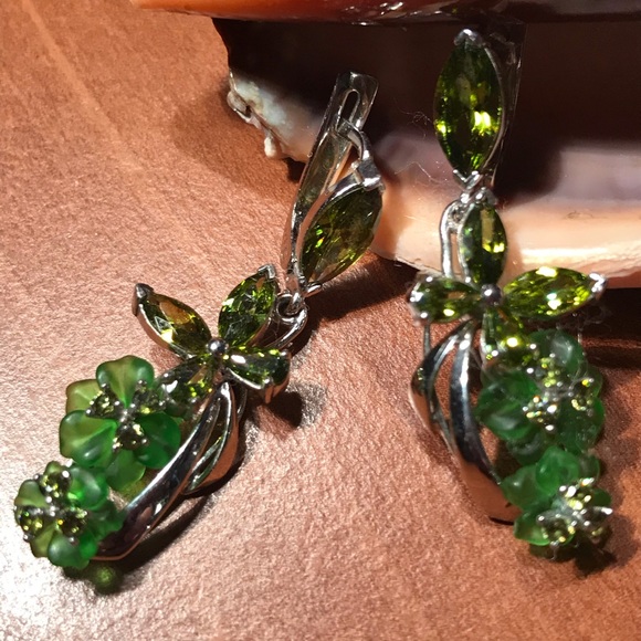 New Genuine Unique Marcasite Peridot Citrine Murano 925 Silver Ring/Earrings - Picture 5 of 6